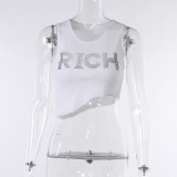 Round neck letter hot diamond short strap vest casual versatile T-shirt