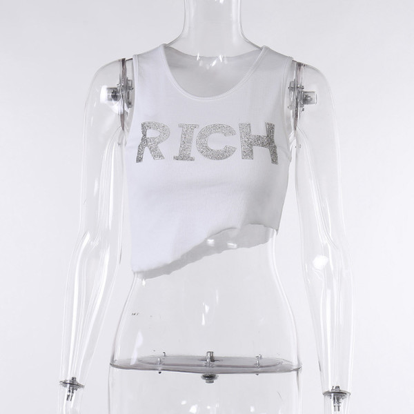 Round neck letter hot diamond short strap vest casual versatile T-shirt