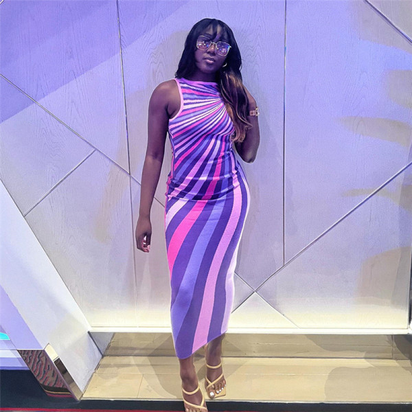 Fashion Stripe Print Sleeveless Open Back Spicy Girl Slim Fit Slim Dress