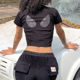 Round neck hot diamond heart printed short sleeved T-shirt