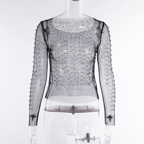 Round neck studded bead mesh see-through long sleeved top