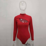 Sexy women's long sleeved pit heart machine jumpsuit