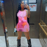 Fashionable 3D printed short sleeved slim fit wrap hip dress