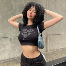 Round neck hot diamond heart printed short sleeved T-shirt