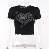 Round neck hot diamond heart printed short sleeved T-shirt