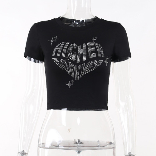 Round neck hot diamond heart printed short sleeved T-shirt