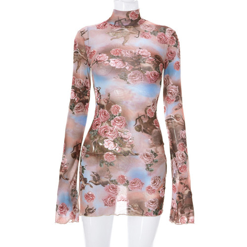 Sexy Round Neck Mesh Perspective Print Long Sleeve Slim Fit Short Dress