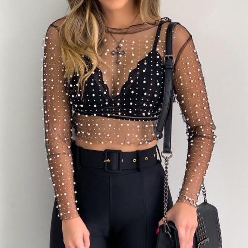Round neck studded bead mesh see-through long sleeved top