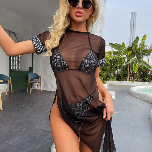 Sunscreen Split Three Piece Set Sexy Bikini Mesh Long Dress Beach Hot Spring Fashion Swimwear