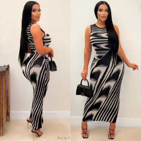 Casual sleeveless printed round neck slim fitting basic long dress