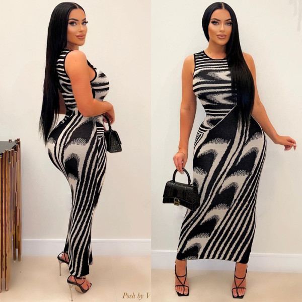 Casual sleeveless printed round neck slim fitting basic long dress
