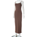 Solid casual lace open back suspender slim fitting long dress