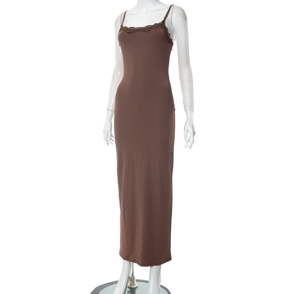 Solid casual lace open back suspender slim fitting long dress