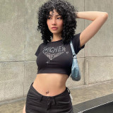 Round neck hot diamond heart printed short sleeved T-shirt