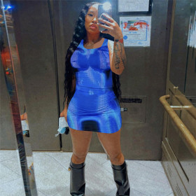 Fashionable 3D printed short sleeved slim fit wrap hip dress