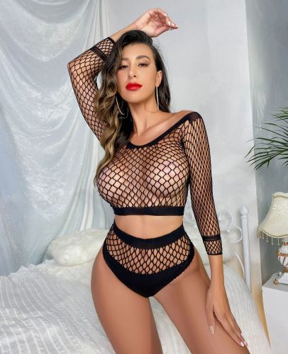 Fun Lingerie Women's Sexy Hollow Top and Bottom Two Piece Mesh Set