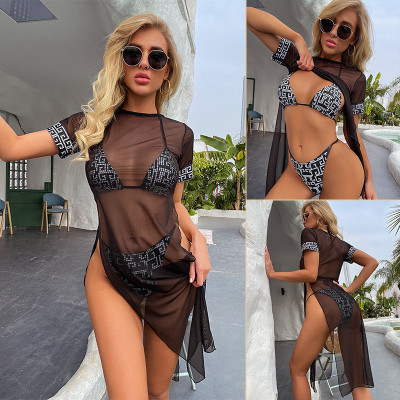 Sunscreen Split Three Piece Set Sexy Bikini Mesh Long Dress Beach Hot Spring Fashion Swimwear