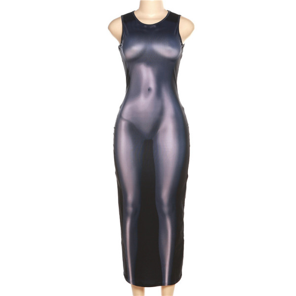 Fashionable 3D Body Print Round Neck Sleeveless Slim Fit Wrap Hip Dress