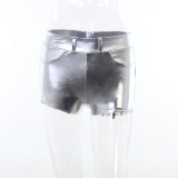 High Waist Raised Hip Letter Printed Leather Shorts