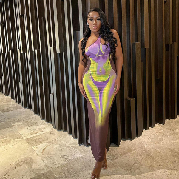 Fashionable Diagonal Shoulder Personalized 3D Printing Hollow Out Split Sexy Dress
