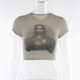 Basic round neck portrait printed short sleeved T-shirt