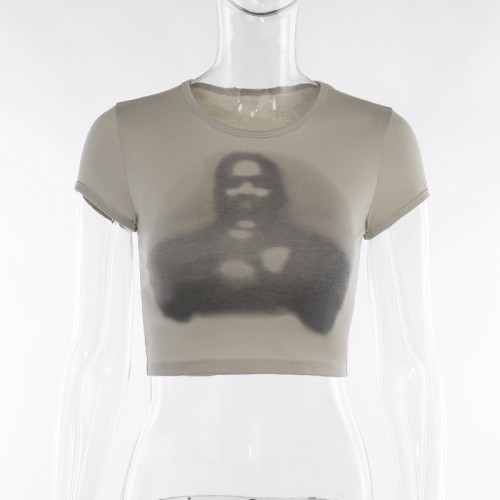 Basic round neck portrait printed short sleeved T-shirt