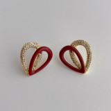Minimalist design, oil dripping zircon heart crossed metal earrings
