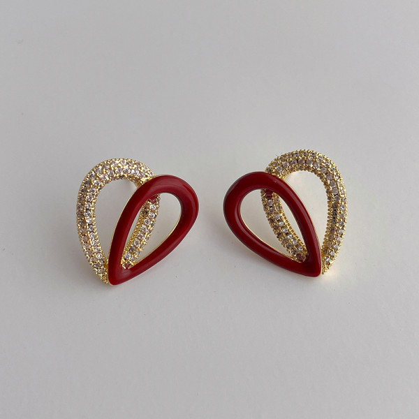 Minimalist design, oil dripping zircon heart crossed metal earrings