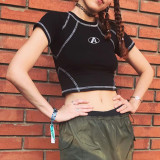 Punk Motorcycle Fengming Line Contrast Letter Embroidery Short Sleeve T-shirt