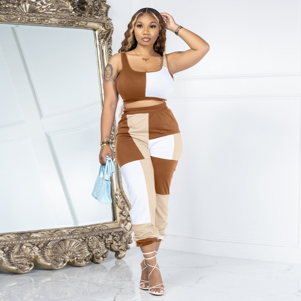 Multi color patchwork vest pants casual sports set of two