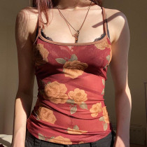 Women's mesh printed tight and slimming fashion ultra short mini strap vest