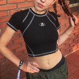 Punk Motorcycle Fengming Line Contrast Letter Embroidery Short Sleeve T-shirt