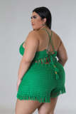 Plus size women's tassel fishing net knitted casual two-piece pants set