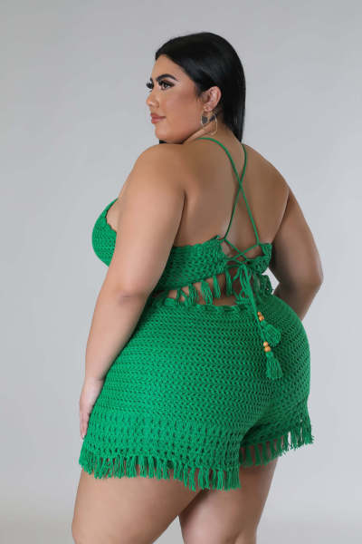 Plus size women's tassel fishing net knitted casual two-piece pants set