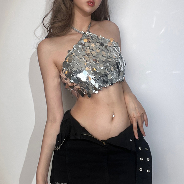 Women's Fashion Sexy Hanging Neck Open Back Sequin Tank Top