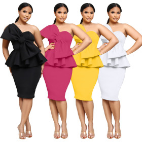 Ruffled Bow Decorative Side Seam Invisible Zipper Dress