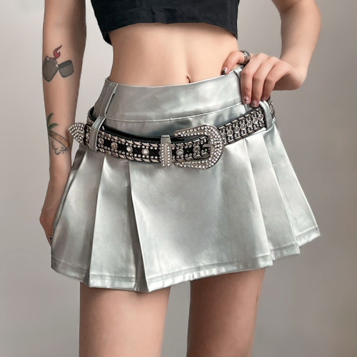 Women's solid color slim fitting street fashion high waisted skirt pleated skirt