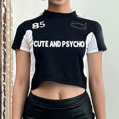 Women's contrasting ribbon small loose letter print casual navel exposed short sleeved T-shirt