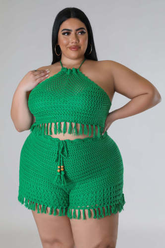 Plus size women's tassel fishing net knitted casual two-piece pants set