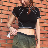 Punk Motorcycle Fengming Line Contrast Letter Embroidery Short Sleeve T-shirt