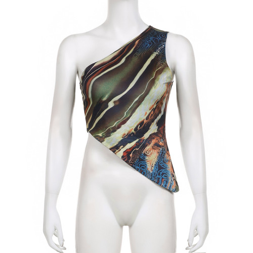 Women's Contrast Abstract Retro Print Irregular Off Shoulder Sexy Tank Top
