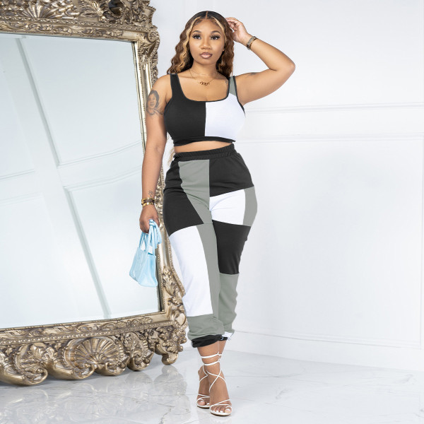 Multi color patchwork vest pants casual sports set of two