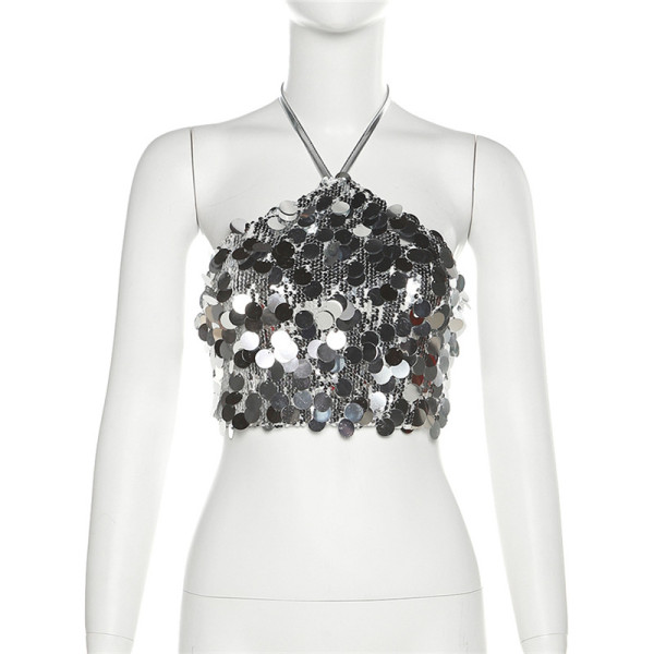 Women's Fashion Sexy Hanging Neck Open Back Sequin Tank Top