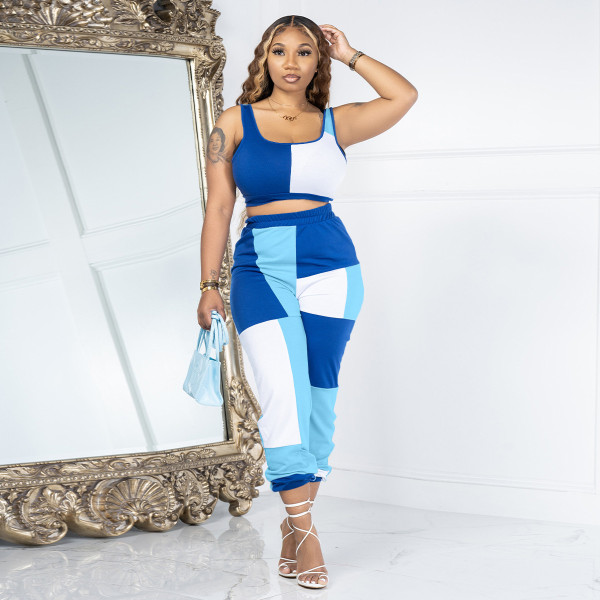 Multi color patchwork vest pants casual sports set of two