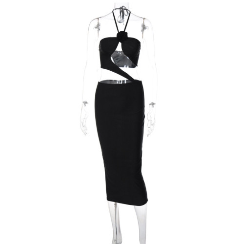 Women's Solid Color Lace Neck Midlength Dress Sexy Hollow out Slim Fit Dress