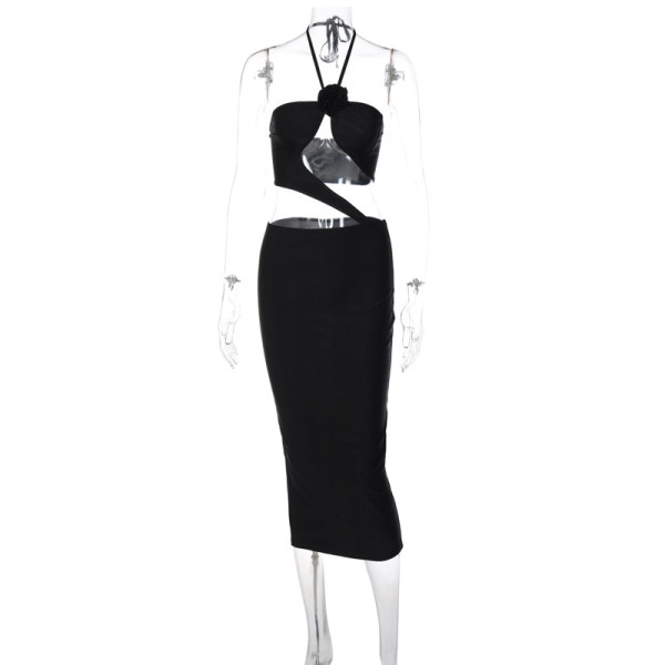 Women's Solid Color Lace Neck Midlength Dress Sexy Hollow out Slim Fit Dress