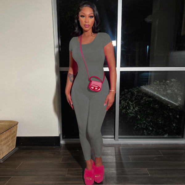 Solid color short sleeved backless slimming and hip lifting exercise fitness jumpsuit