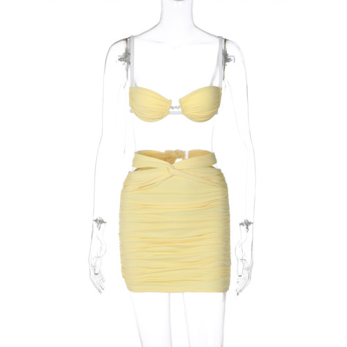 Sexy Strap Wrapped Chest Pleated Half Skirt Fashion Slim Fit Set