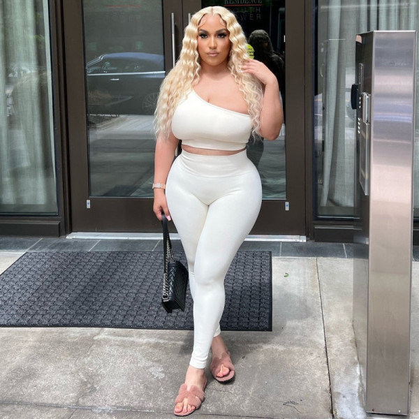 Women's Pit Stripe Solid Color One Shoulder Tank Top Pants Two Piece Slim Fit and Hip Lifting Sports Set