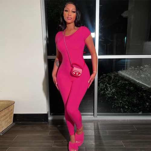 Solid color short sleeved backless slimming and hip lifting exercise fitness jumpsuit